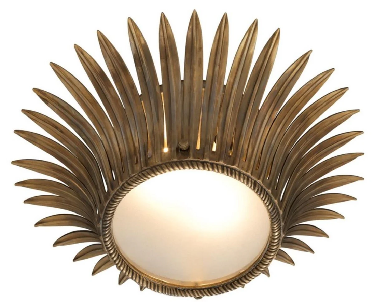 Casa Padrino lámpara de techo de lujo en diseño girasol latón vintage / blanco Ø 43 x H. 16,5 cm - Lámpara de Diseño