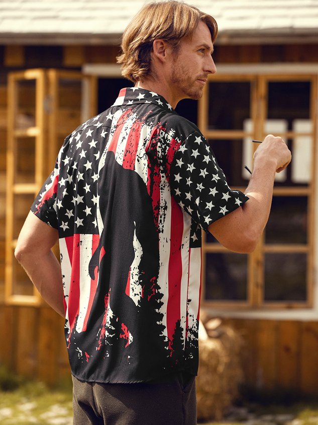 Flag Bigfoot Chest Pocket Short Sleeves Casual Shirt