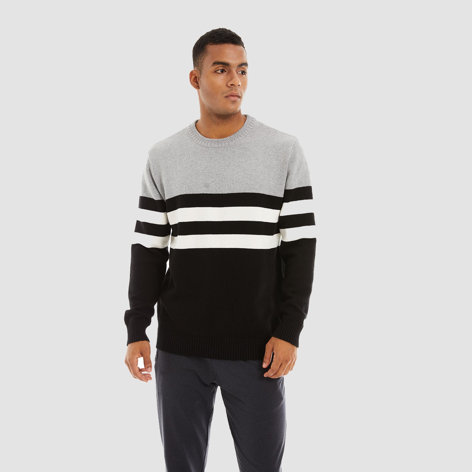 Men's Crewneck Sweater Soft Thermal Knitted Sweatshirt Color Block Striped