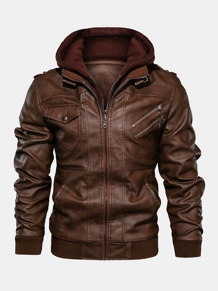 Detachable Hooded Zip Up PU Leather Jacket