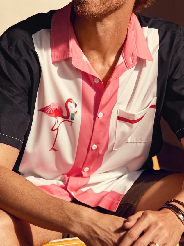 Flamingo Chest Pocket Short Sleeve Bowling Shirt
