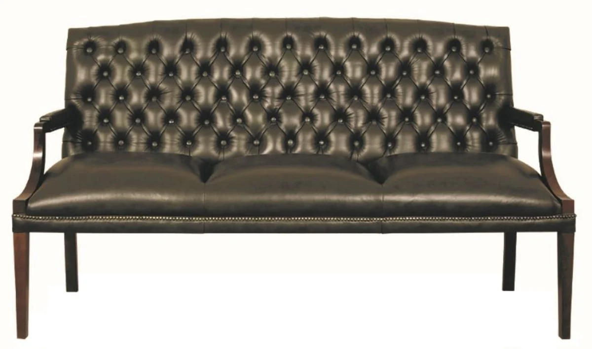 Casa Padrino Chesterfield banco de 3 plazas de cuero genuino con brazos negro / marr¨®n oscuro 180 x 60 x H. 100 cm - Muebles de Lujo