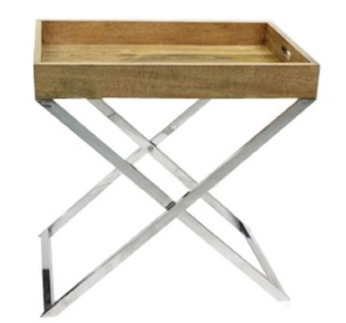 Casa Padrino bandeja de servir con soporte natural / plata 61 x 41 x H. 62 cm - Bandeja de Madera con Marco de Acero Inoxidable