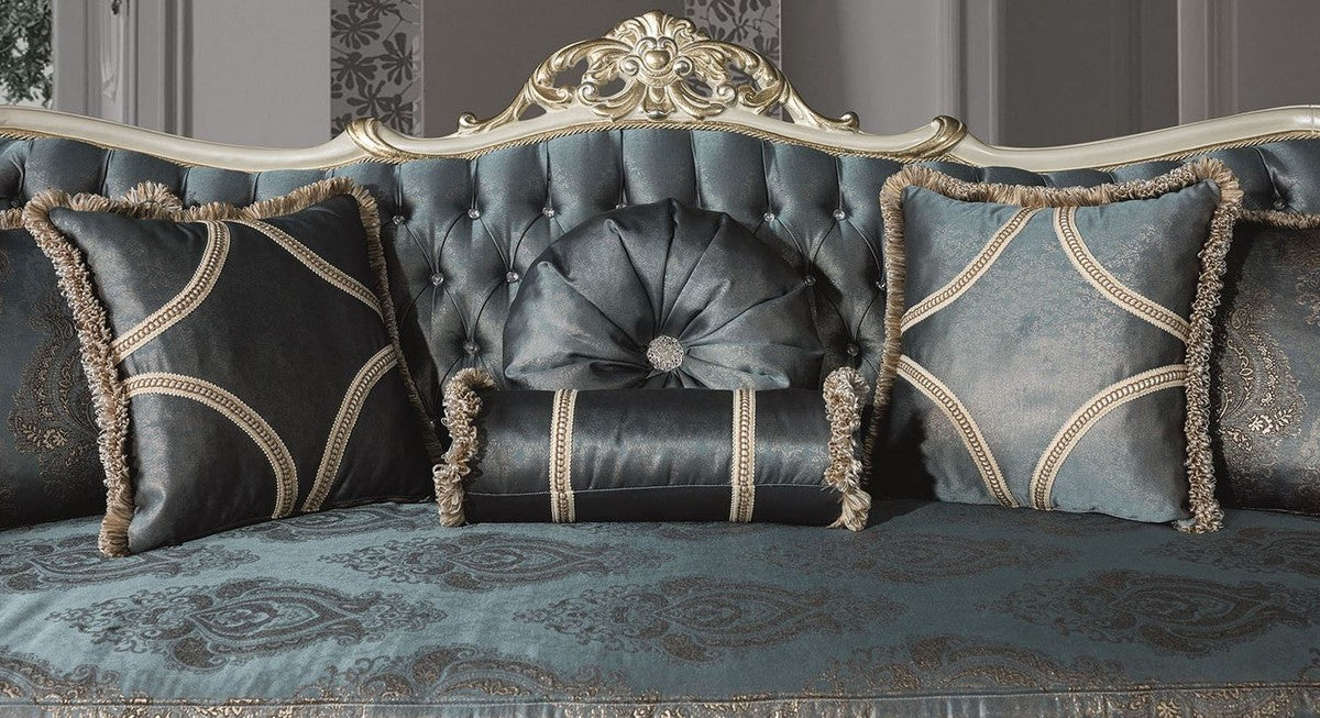 Casa Padrino sof¨¢ de sal¨®n barroco de lujo con pedrer¨ªa y almohadas decorativas azul / crema / oro 240 x 95 x A. 105 cm - Sof¨¢ Noble de Estilo Barroco