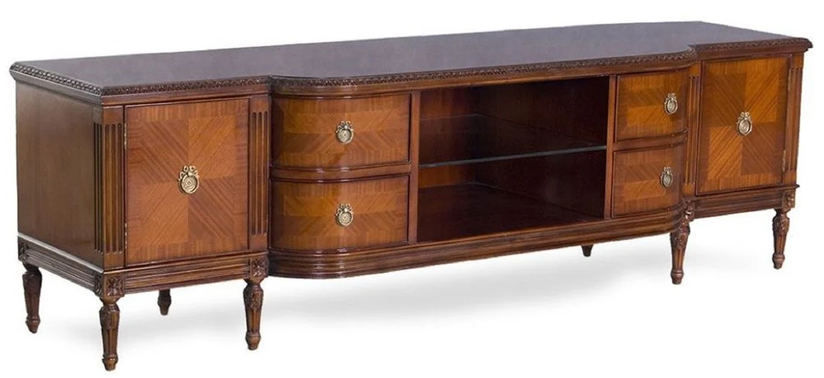 Casa Padrino Gabinete de TV Art Nouveau de Lujo Marrón - Gabinete de TV de Madera Maciza Noble - Gabinete de Sala de Estar - Muebles de Sala Barrocos y Art Nouveau