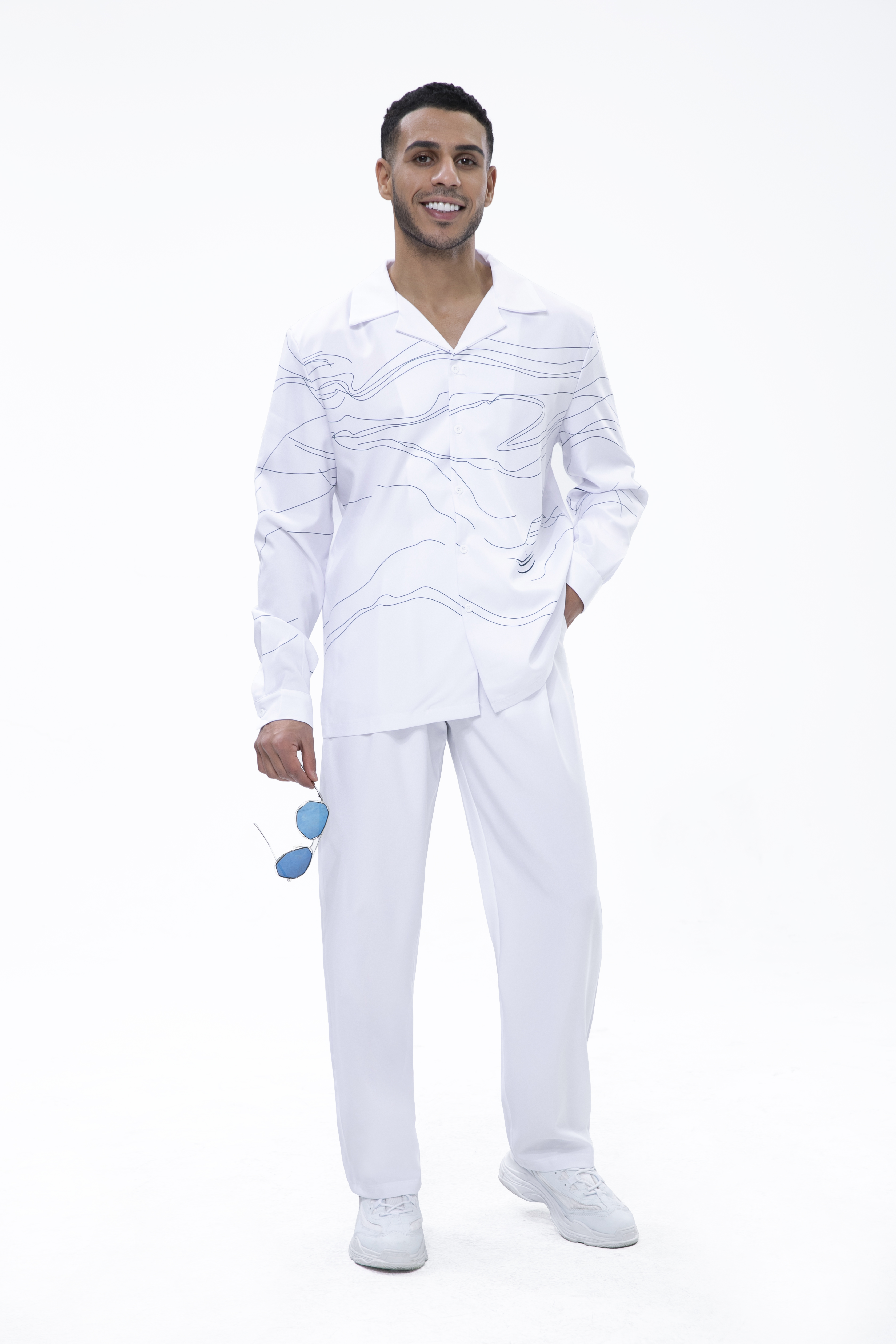 Suitmens White Art Two-Piece Long Sleeve Print Walking Pants