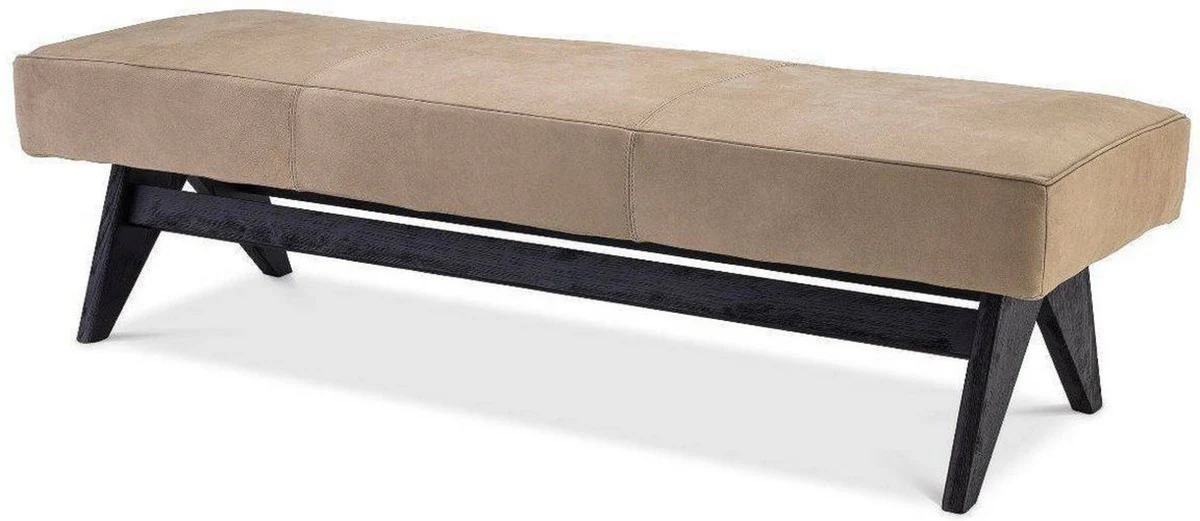 Casa Padrino banco de piel genuina de lujo beige / negro 164 x 54 x A. 44 cm - Banco de madera maciza tapizado con cuero de b¨²falo nobuck fino - Muebles de Lujo