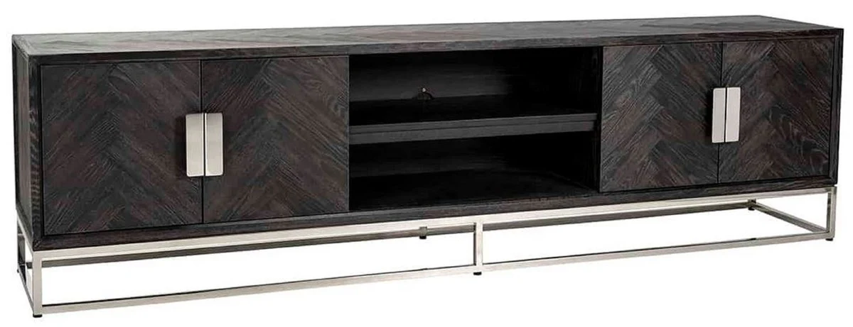 Casa Padrino gabinete de TV de lujo negro / plata 220 x 42,5 x A. 60 cm - Aparador de madera maciza con 4 puertas - Muebles de salón - Muebles de hotel - Colección de Lujo