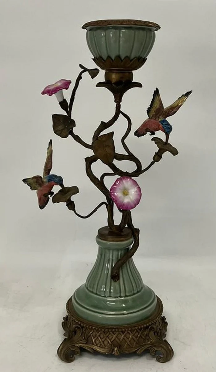 Casa Padrino portavela Art Nouveau con flores y pájaros decorativos multicolor / latón antiguo A. 48 cm - Accesorios Deco en Estilo Barroco y Art Nouveau