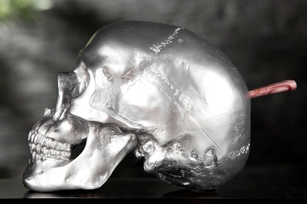 Designer savings jar skull silver height 14 cm, width 14 cm, depth 20 cm, skull - noble sculpture from polyresin