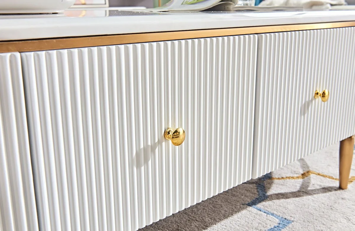 Casa Padrino armario de TV de lujo blanco / latón / oro 200 x 40 x H. 42 cm - Aparador de salón moderno con 3 cajones - Mueble TV de salón moderno