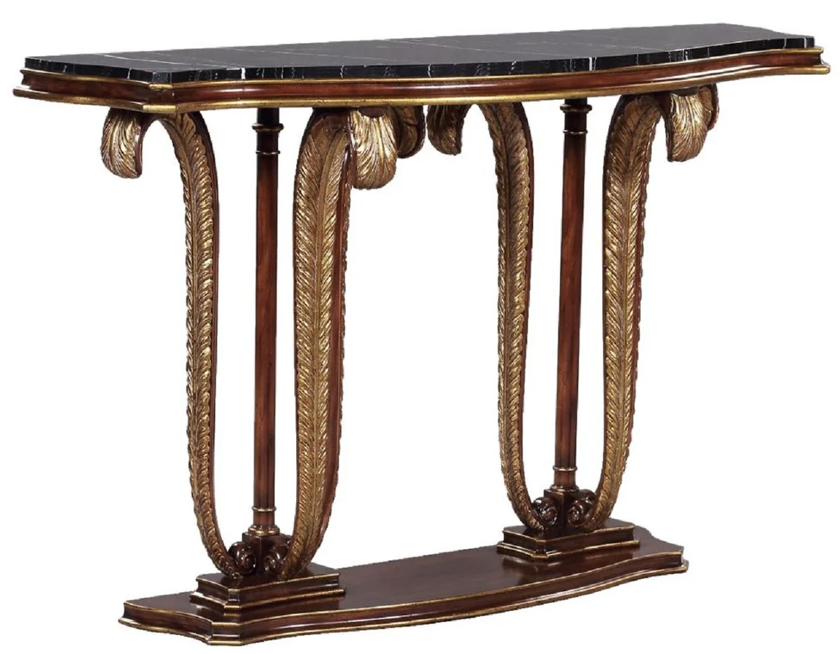 Casa Padrino consola barroco de lujo marr¨®n / oro / negro 145 x 42 x A. 90 cm - Consola de caoba con plumas decorativas talladas a mano y tapa de m¨¢rmol - Muebles nobles de estilo barroco