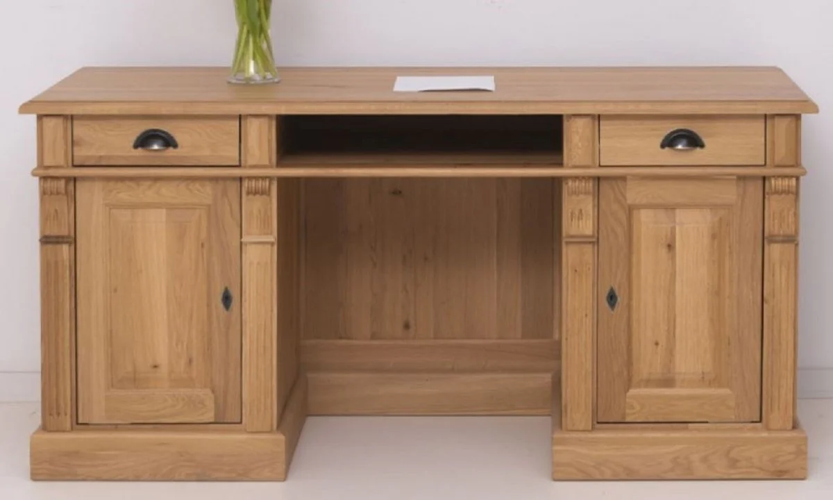 Casa Padrino escritorio estilo campestre natural 160 x 70 x A. 78 cm - Mesa de oficina de madera maciza con 2 puertas y 2 cajones - Muebles de madera maciza - Muebles de oficina estilo campestre