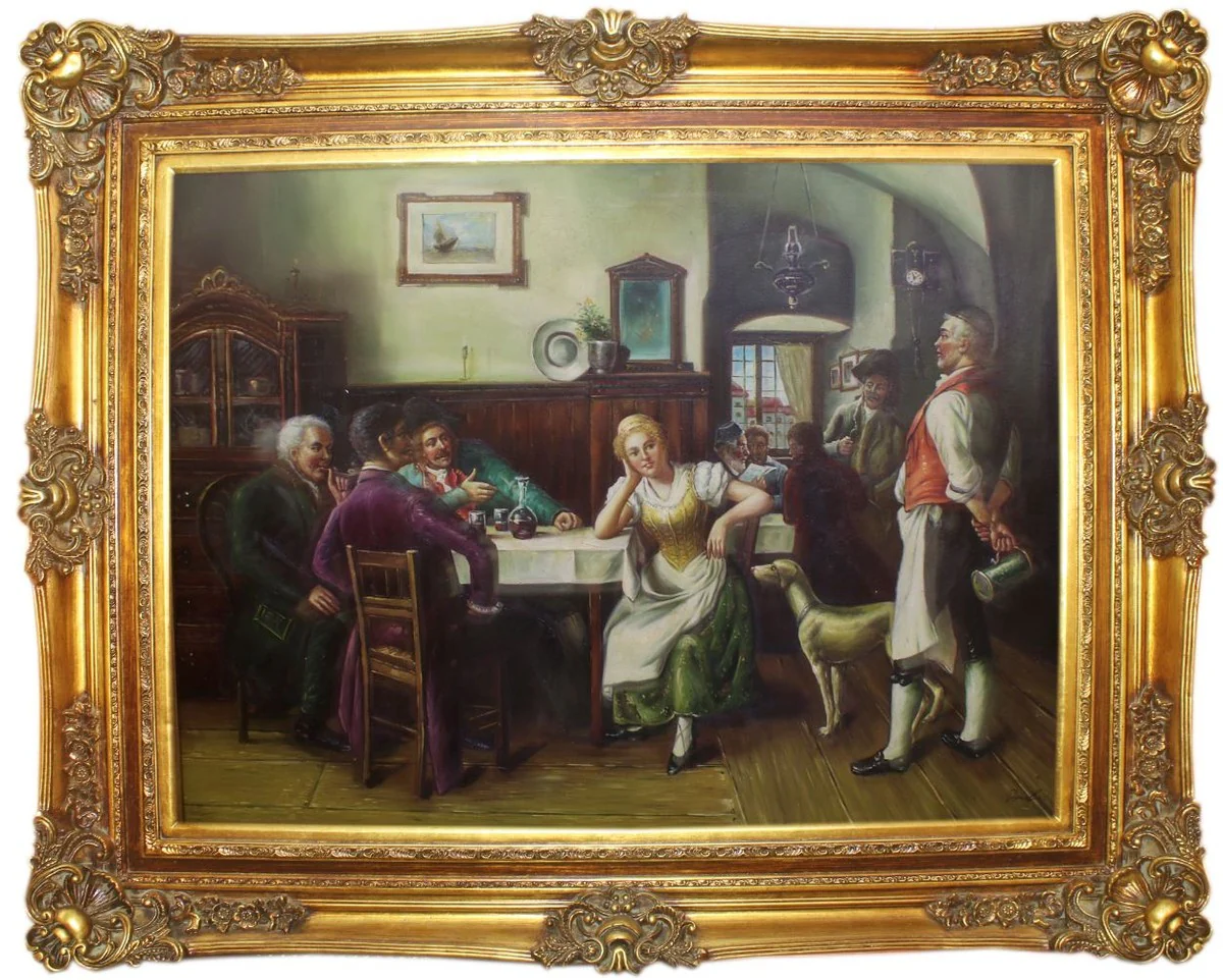 Casa Padrino pintura al óleo barroco Sociedad en la Posada multicolor / oro 160 x 10 x A. 130 cm - Pintura pintada a mano con marco magnífico en estilo barroco - Decoración de la Pared Barroco