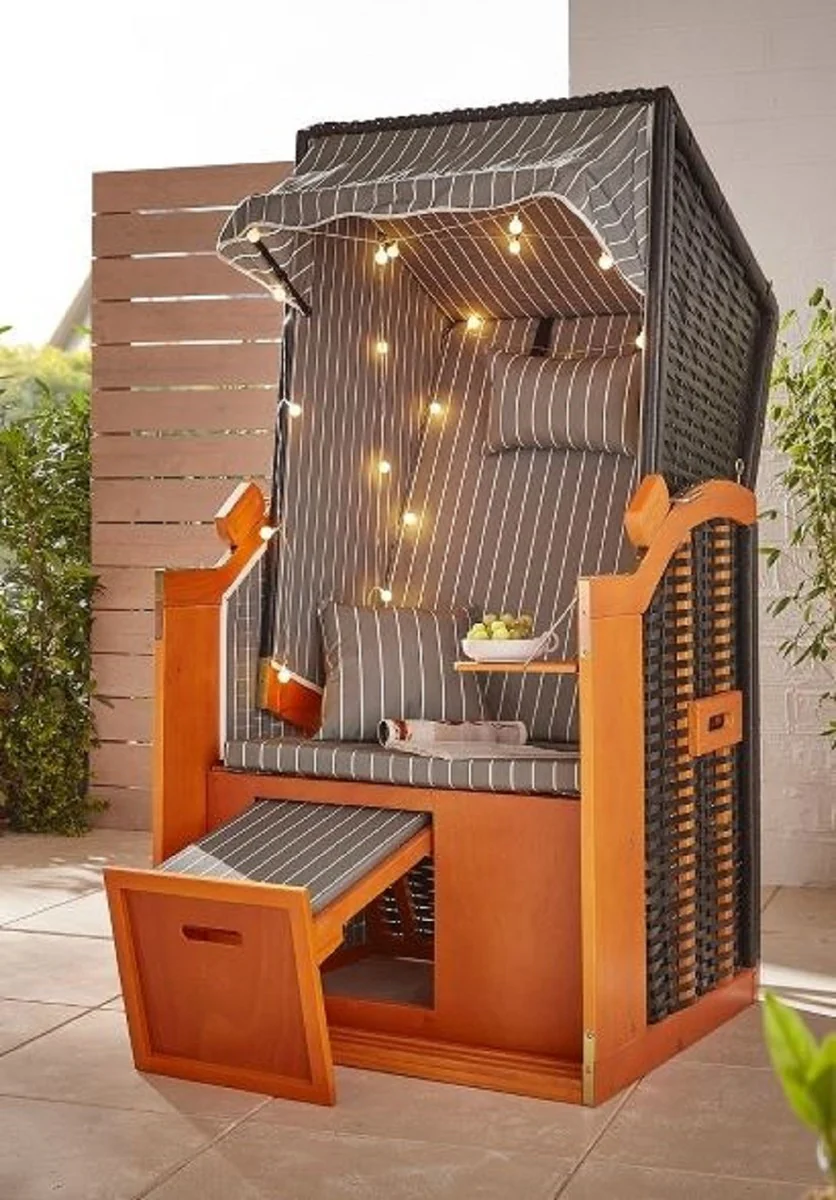 Casa Padrino silla de playa marr¨®n / negro / gris / blanco 81 x 72 x A. 160 cm - Silla de playa de madera con techo e iluminaci¨®n LED - Muebles de jard¨ªn - Muebles de piscina - Muebles de exterior