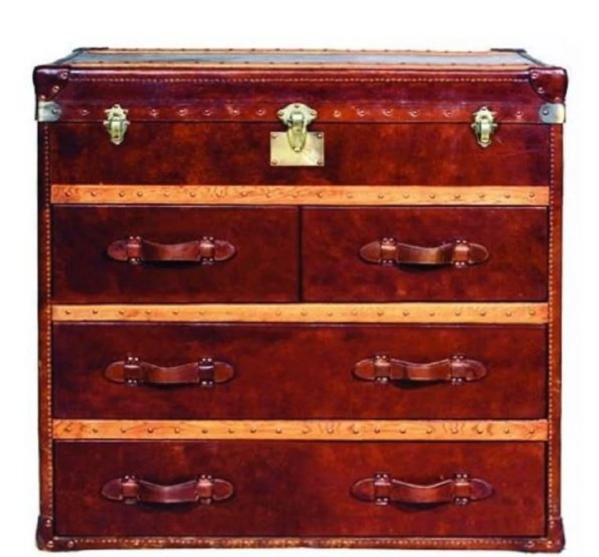 Casa Padrino C¨®moda Art Deco de Lujo Marr¨®n Vintage 107 x 53 x H. 102 cm - Cofre de Cuero Genuino Hecho a Mano con 4 Cajones y Tapa