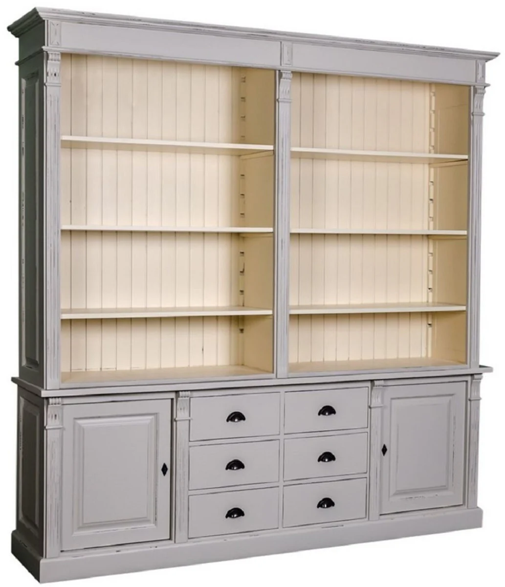 Casa Padrino gabinete de libros de estilo campestre gris antiguo / crema 223 x 51 x H. 240 cm - Gabinete de Sal¨®n con 2 Puertas y 6 Cajones - Armario de Madera Maciza - Muebles de Estilo Campestre