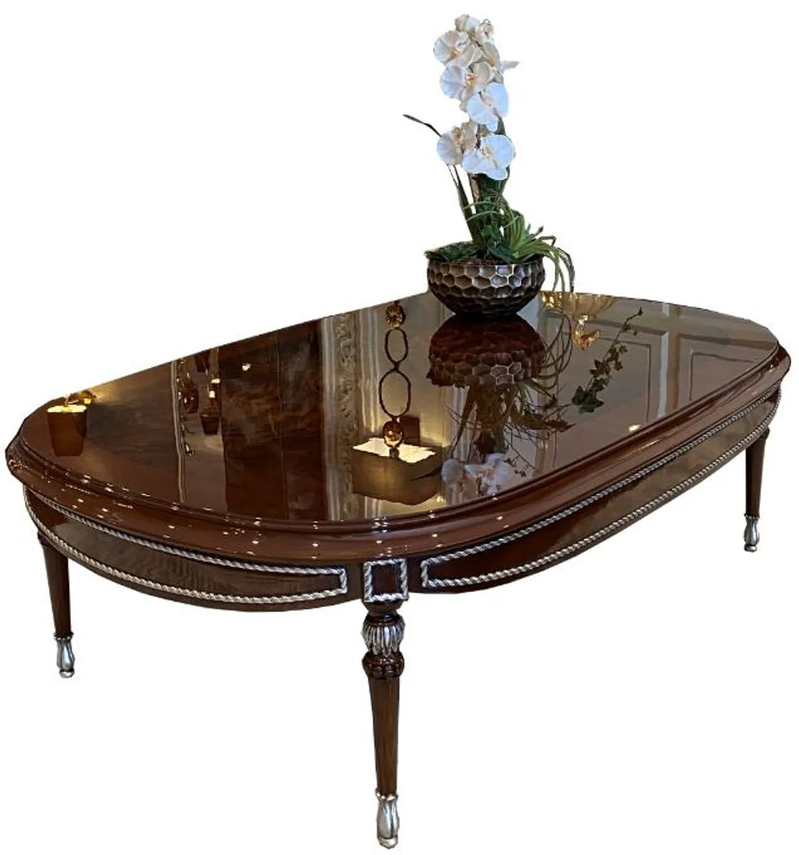 Casa Padrino mesa de centro barroco de lujo marr¨®n / plata 144 x 92 x A. 45 cm - Mesa de sal¨®n ovalada de madera maciza - Muebles de sal¨®n barrocos nobles