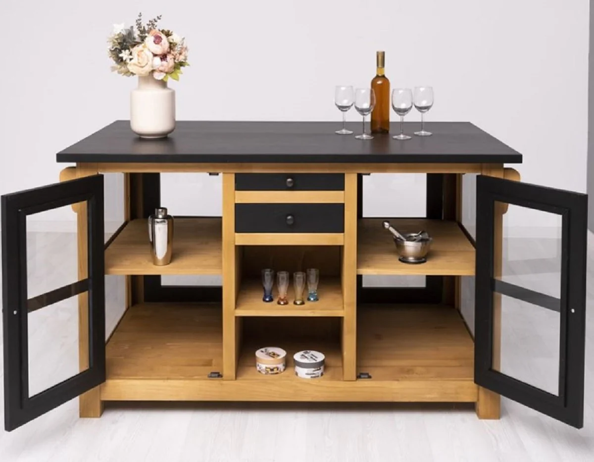 Casa Padrino isla de cocina de estilo campestre negro / natural 150 x 90 x A. 90 cm - Gabinete de cocina de madera maciza - Mueble de comedor de madera maciza estilo campestre