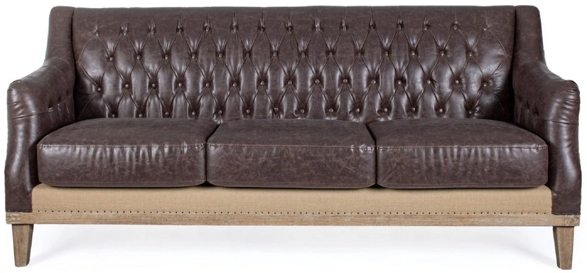 Casa Padrino sof¨¢ Chesterfield de lujo en cuero artificial marr¨®n oscuro / natural 194,5 x 85 x A. 85 cm - Sof¨¢ de sal¨®n - Muebles de sal¨®n - Muebles Chesterfield - Muebles de lujo
