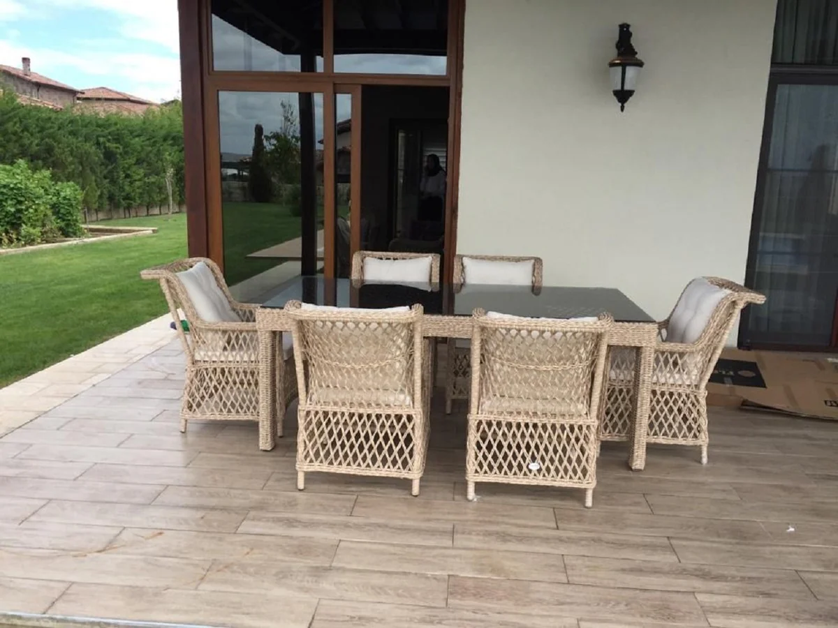 Casa Padrino conjunto de 6 sillas de jard¨ªn de lujo natural / blanco 57 x 61 x A. 80 cm - Sillas de rat¨¢n con reposabrazos y cojines - Muebles de jard¨ªn y terraza modernos de rat¨¢n