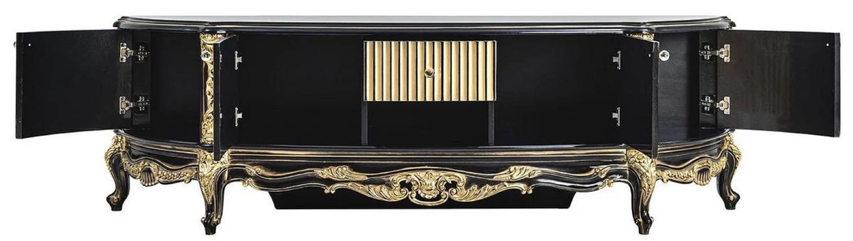 Casa Padrino gabinete TV barroco de lujo negro / oro - Magn¨ªfico aparador de madera maciza con 4 puertas y caj¨®n - Muebles de sal¨®n barrocos