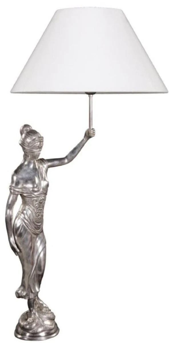 Casa Padrino lámpara de mesa con figura de bronce Justitia plata / blanco 55 x 48 x H. 105 cm - Lámpara de Mesa Hotel & Restaurant
