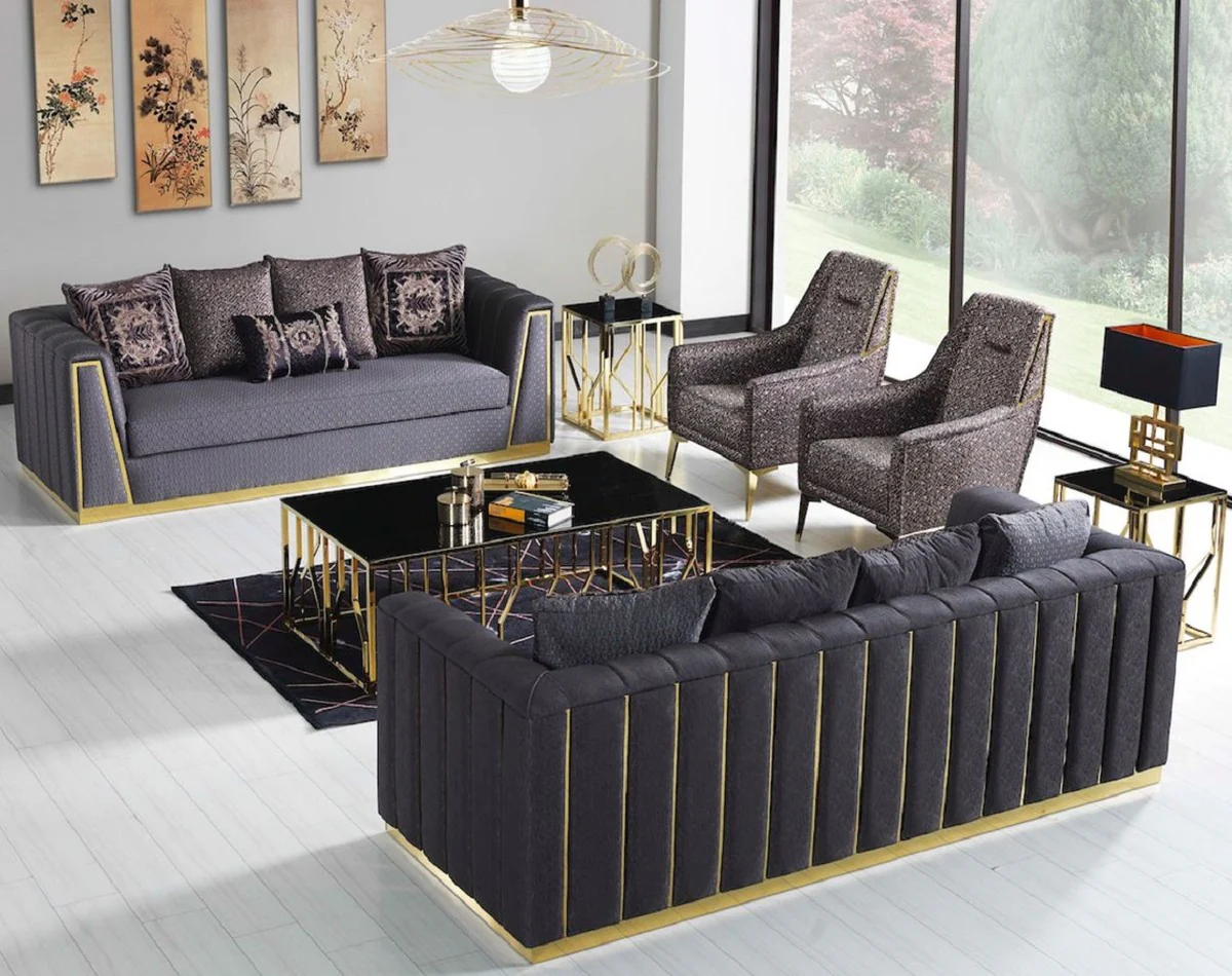 Casa Padrino conjunto de sala de estar de lujo p¨²rpura / oro - 2 Sof¨¢s y 2 Sillones y 1 Mesa de Centro - Muebles de sala de estar modernos - Calidad de Lujo