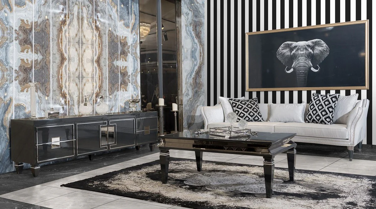 Casa Padrino gabinete TV Art Deco de lujo negro / oro - Aparador de madera maciza hecho a mano - Muebles de Sal¨®n y Hotel Art Deco de Lujo