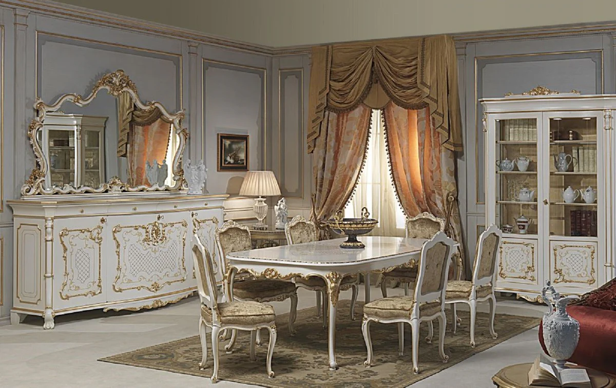 Casa Padrino vitrina barroco de lujo blanco / oro 276 x 60 x A. 230 cm - Vitrina noble de madera maciza con 4 puertas - Muebles de Restaurante de Hotel de Castillo - Calidad de lujo - Hecho en Italia