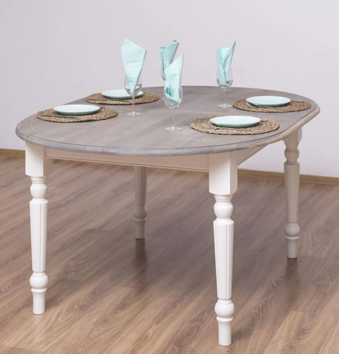 Casa Padrino mesa de comedor de estilo campestre gris / blanco 160 x 120 x A. 78 cm - Mesa de cocina ovalada de madera maciza con tablero de roble - Muebles de comedor en estilo campestre