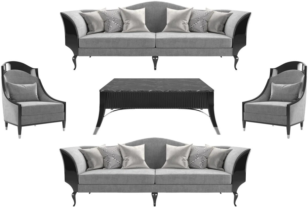 Casa Padrino conjunto de sala de estar Art Deco de lujo gris / negro / plata - 2 Sof¨¢s y 2 Sillones y 1 Mesa de Centro con Encimera de M¨¢rmol - Muebles de Sala Noble Art Deco