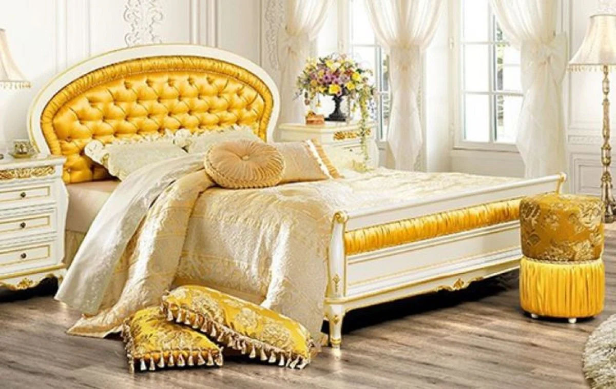 Casa Padrino cama de matrimonio barroco de lujo con pedrería oro / blanco - Magnífica cama de madera maciza - Muebles de dormitorio de lujo en estilo barroco - Muebles de dormitorio barrocos