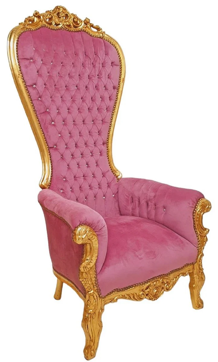 Casa Padrino sill¨®n de trono barroco con tela de terciopelo fino y pedrer¨ªa rosa / oro - Sill¨®n real hecho a mano estilo barroco - Sill¨®n de boda - Sill¨®n gigante barroco - Muebles barrocos