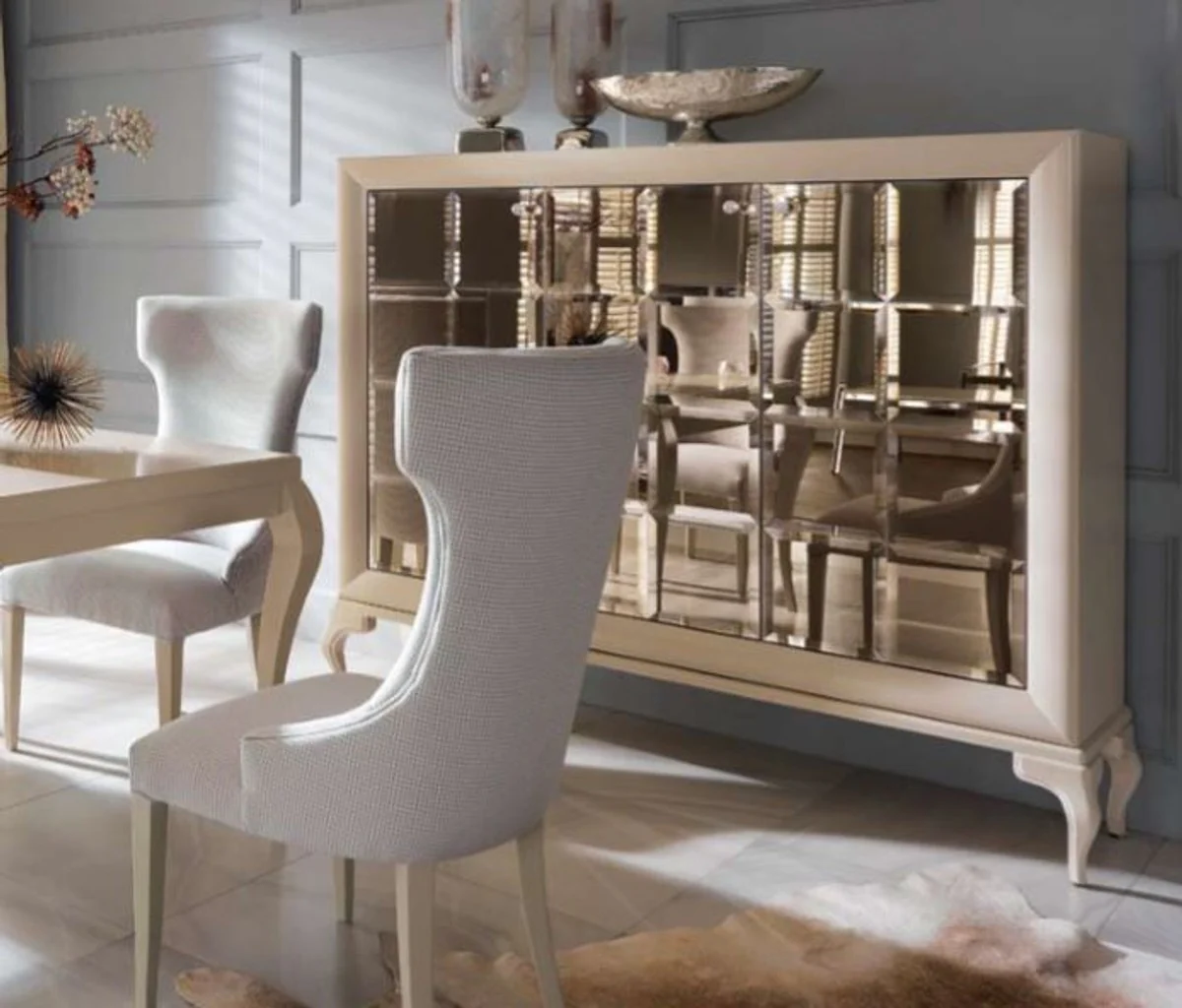 Tocador de lujo neoclásico Casa Padrino con espejo blanco / dorado 179 x H147 cm - aparador muebles art deco