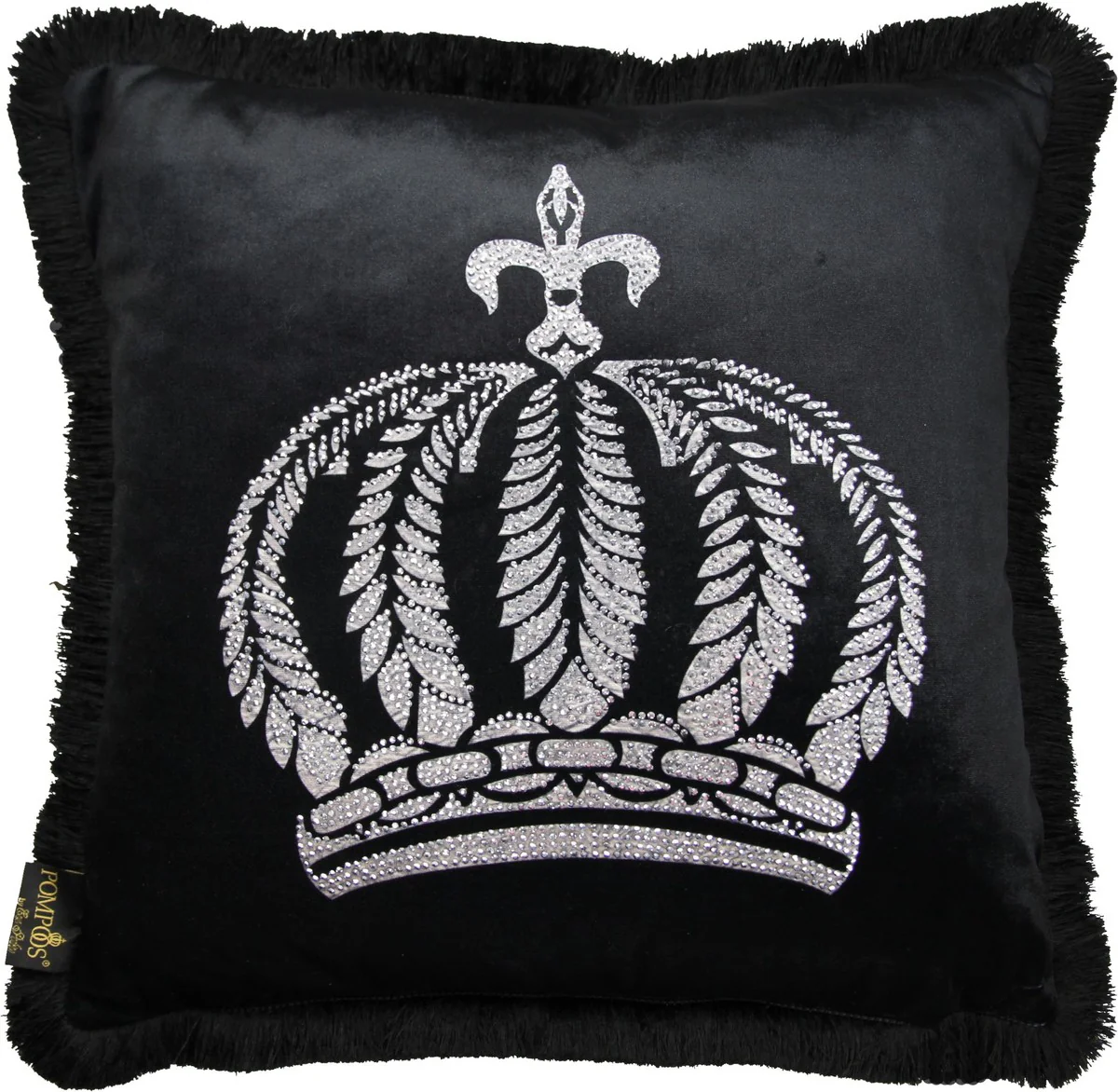 Harald Gl??ckler Luxury Throw Pillow Pomp??s by Casa Padrino Black / Silver Crown with Rhinestones - Gl??ckler Pillow