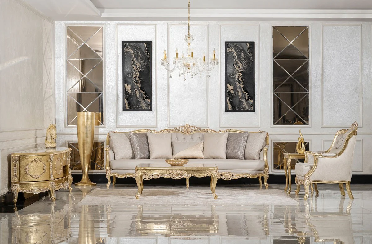 Casa Padrino mesa de centro barroco de lujo oro / crema / blanco - Mesa de sal¨®n de madera maciza hecha a mano estilo barroco - Muebles de sal¨®n de lujo en estilo barroco - Muebles barrocos