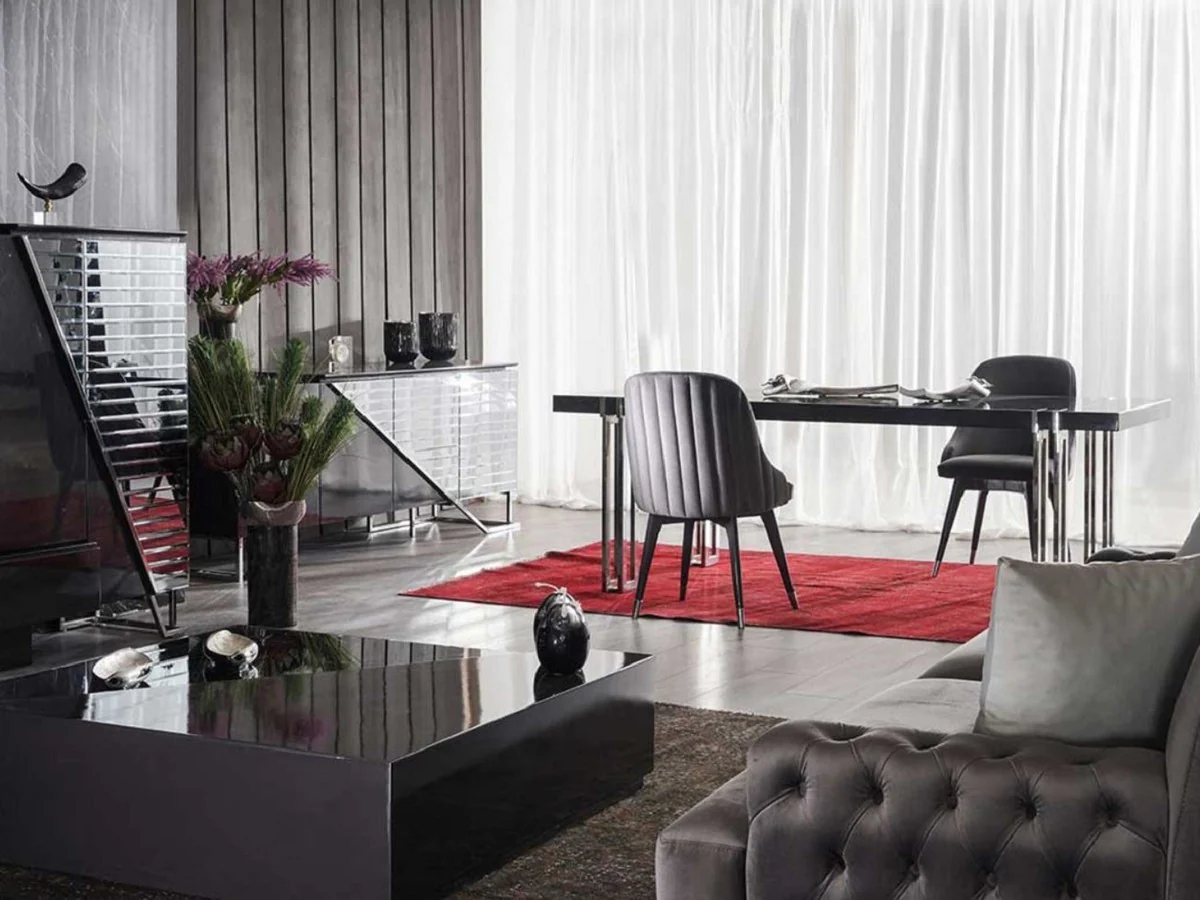 Casa Padrino mesa de comedor de lujo negro / plata 220 x 100 x A. 77 cm - Mesa de cocina rectangular con tapa de madera maciza y patas de metal - Muebles de comedor - Muebles de lujo