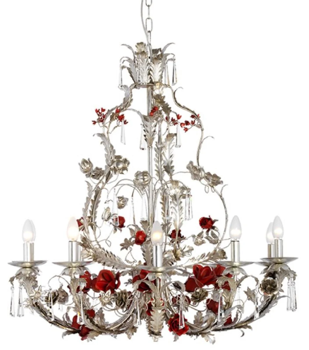 Casa Padrino araña de luces barroco de lujo rosas y flores plata / rojo Ø 90 x A. 90 cm - Magnífica lámpara de araña de metal con noble cristal de Swarovski - Luces Barrocos