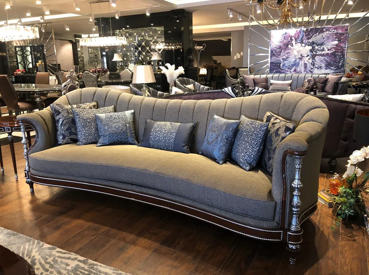 Casa Padrino sof¨¢ barroco de lujo gris / marr¨®n / plata 280 x 90 x A. 98 cm - Muebles de sal¨®n en estilo barroco - Noble y Magn¨ªfico