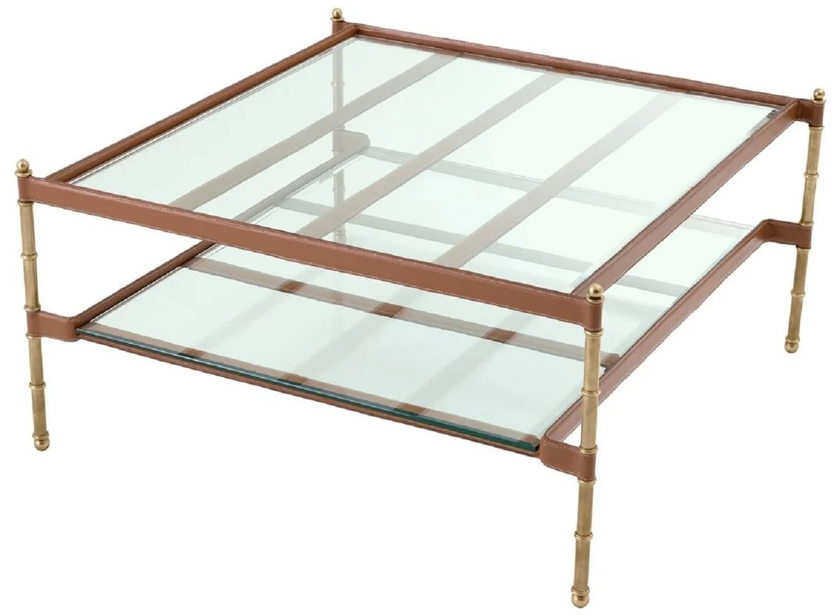 Casa Padrino mesa de centro de lujo lat¨®n vintage / marr¨®n 89 x 87,5 x A. 44 cm - Mesa de sal¨®n con tapas de vidrio y cuero genuino - Muebles de sal¨®n - Muebles de hotel - Muebles de lujo