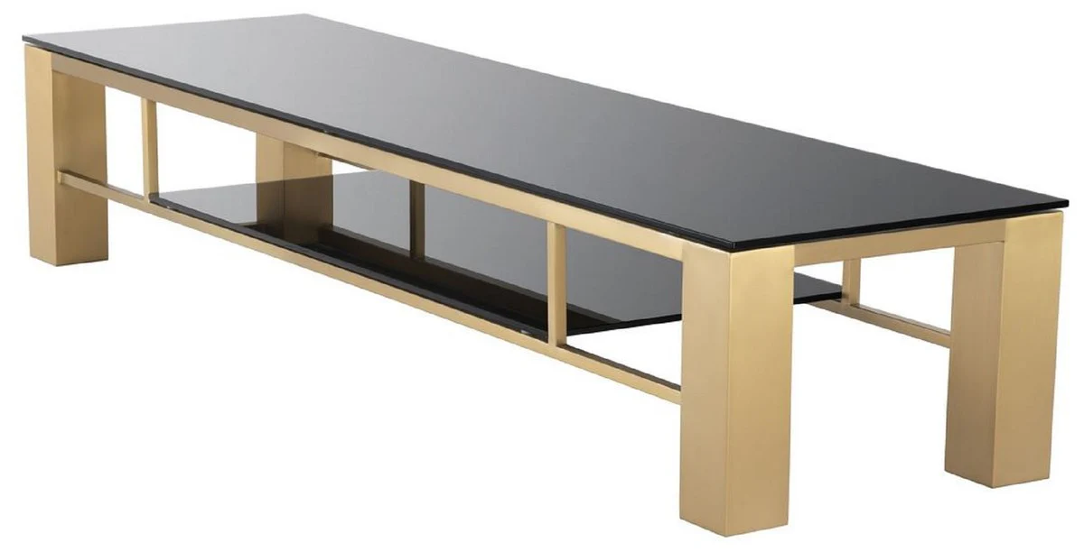 Casa Padrino armario de TV de lujo lat¨®n / negro 195 x 55 x A. 38 cm - Aparador de acero inoxidable con tapas de vidrio - Muebles de sal¨®n de lujo