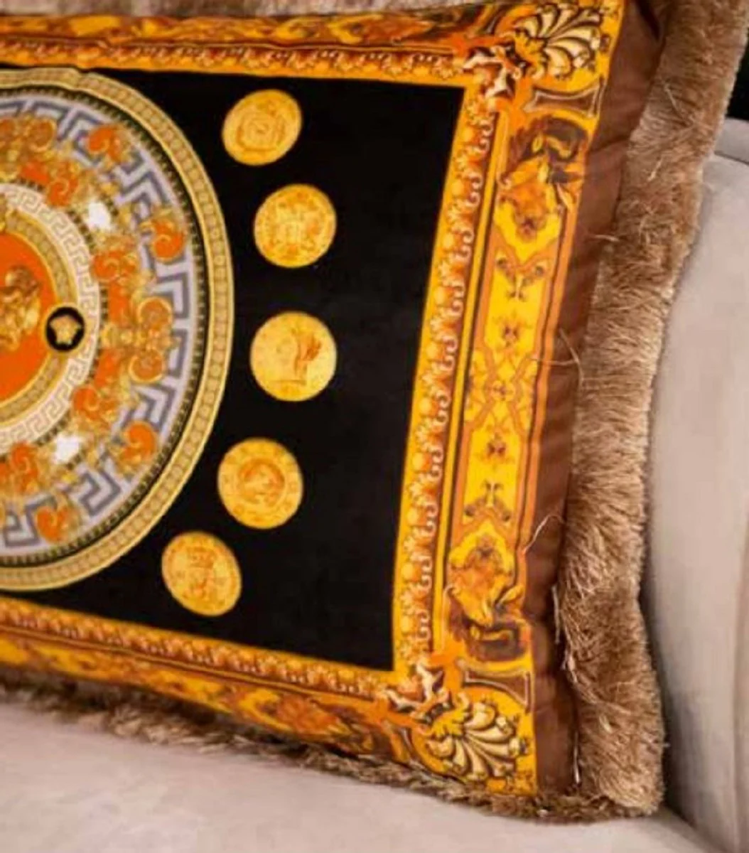 Casa Padrino almohada de terciopelo barroco de lujo jarrón y monedas negro / oro / marrón 50 x 35 cm - Almohada decorativa estampada con flecos - Accesorios Decorativos Barrocos
