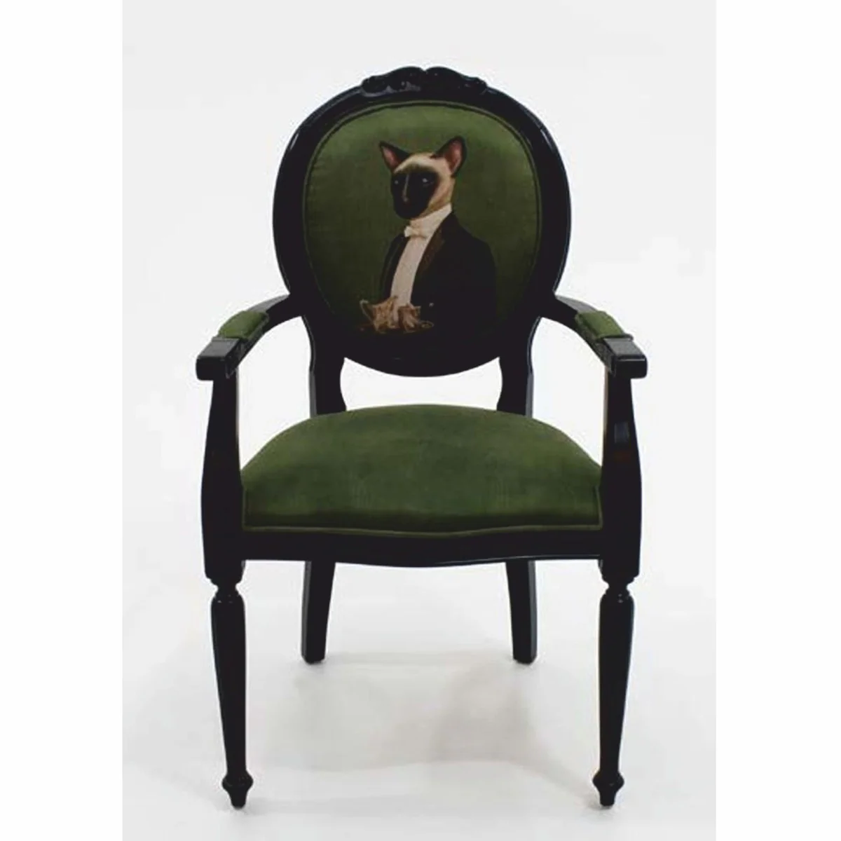 Casa Padrino silla de comedor de terciopelo barroco de lujo con reposabrazos gato sirviente de la casa verde / negro