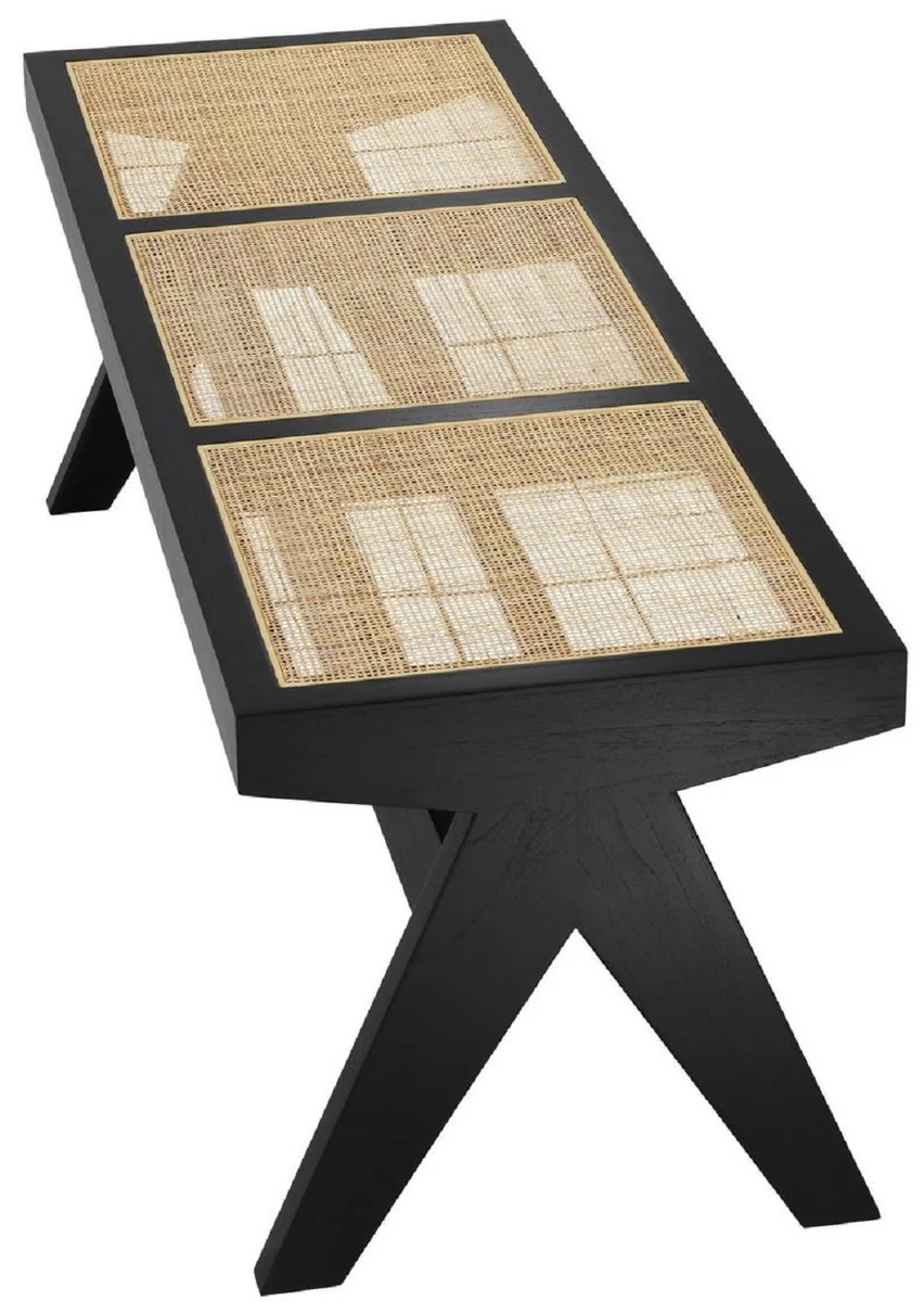 Casa Padrino banco de lujo negro / natural 136 x 46 x A. 47 cm - Banco de madera maciza con tejido de ratán tejido a mano - Muebles de Lujo