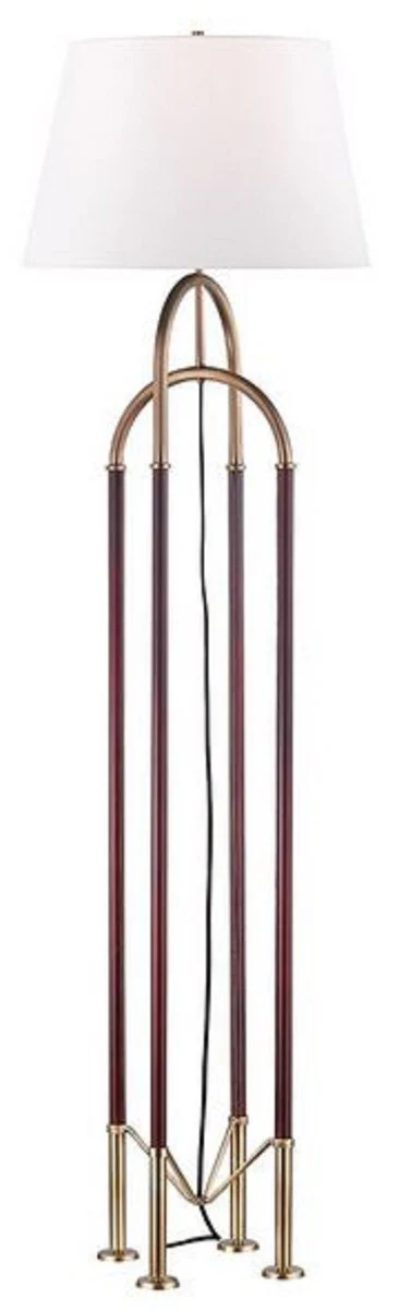 Casa Padrino lámpara de pie de lujo latón antiguo / marrón / blanco Ø 50,8 x H. 172,7 cm - Lámpara de Metal Noble con Cuero de Alta Calidad y Pantalla de Lino - Calidad de Lujo