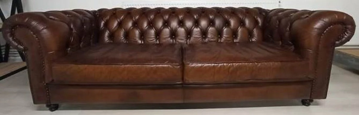 Casa Padrino sof¨¢ de cuero Chesterfield de lujo marr¨®n oscuro vintage 240 x 100 x A. 80 cm - Sof¨¢ de sal¨®n de cuero genuino - Muebles de sal¨®n - Muebles Chesterfield - Muebles de lujo