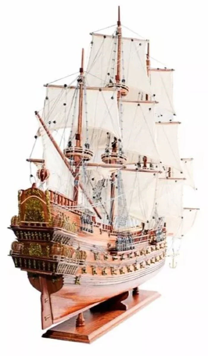 Casa Padrino buque insignia de lujo Wasa con soporte de madera maciza marrón 96,5 x 27,9 x A. 87 cm - Barco decorativo hecho a mano - Barco de madera - Barco de guerra - Accesorios decorativos