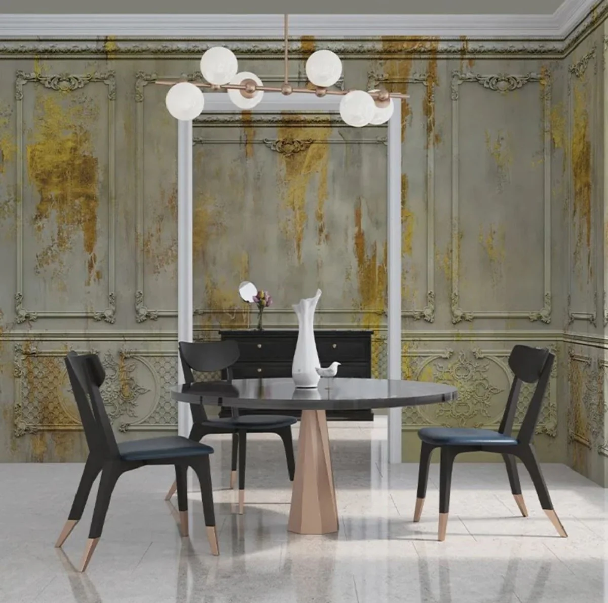 Casa Padrino papel pintado no tejido barroco de lujo gris antiguo / amarillo / marrón - Papel pintado de salón de estilo barroco con patrón estuco elegante - Decoración de salón barroco