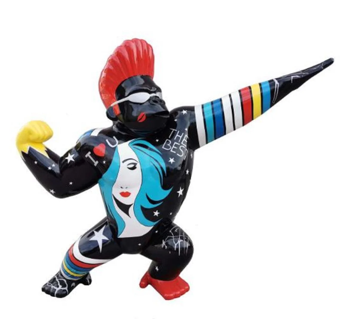 Casa Padrino escultura decorativa de diseño mono gorila estrella negro / colorida 89 x A. 75 cm - Figura decorativa resistente a la intemperie - Accesorios Decorativos Salón Terraza Jardín